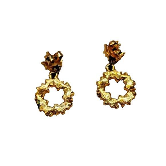Vintage Rhinestone Christmas Wreath Earrings Dangling Stud Style Green, Gold - Picture 2 of 5